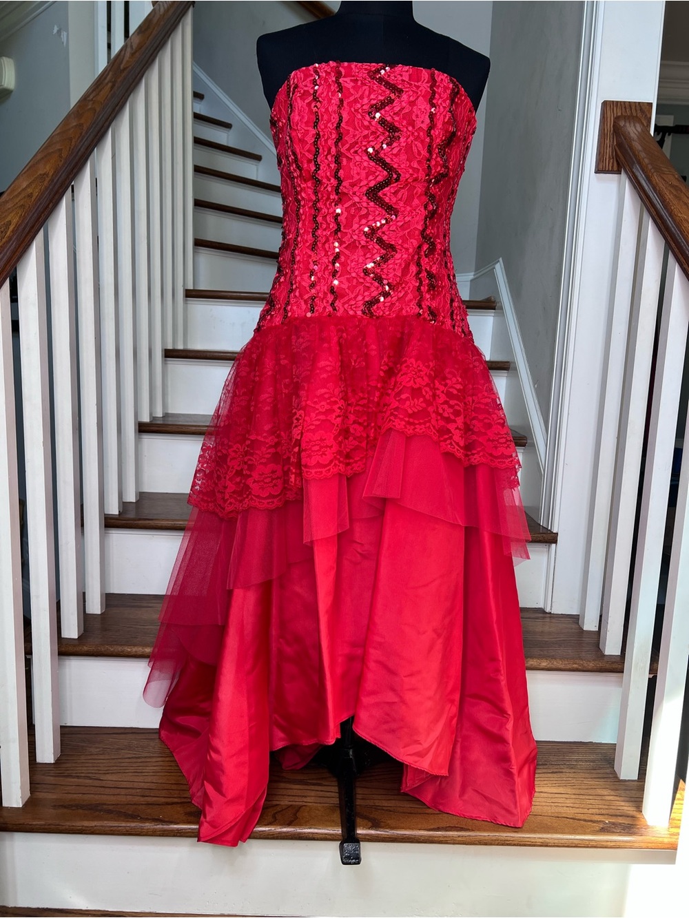 Vintage 80s Red Strapless Prom Dress Sequin Lace Bustle Bow Formal Gown XS